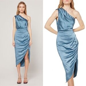 Elliatt One-Shoulder Satin Midi Dress in Steel Blue